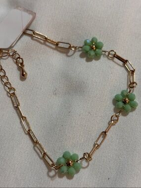 Gold tone Chain Bracelet with Mint Green Flower Accents